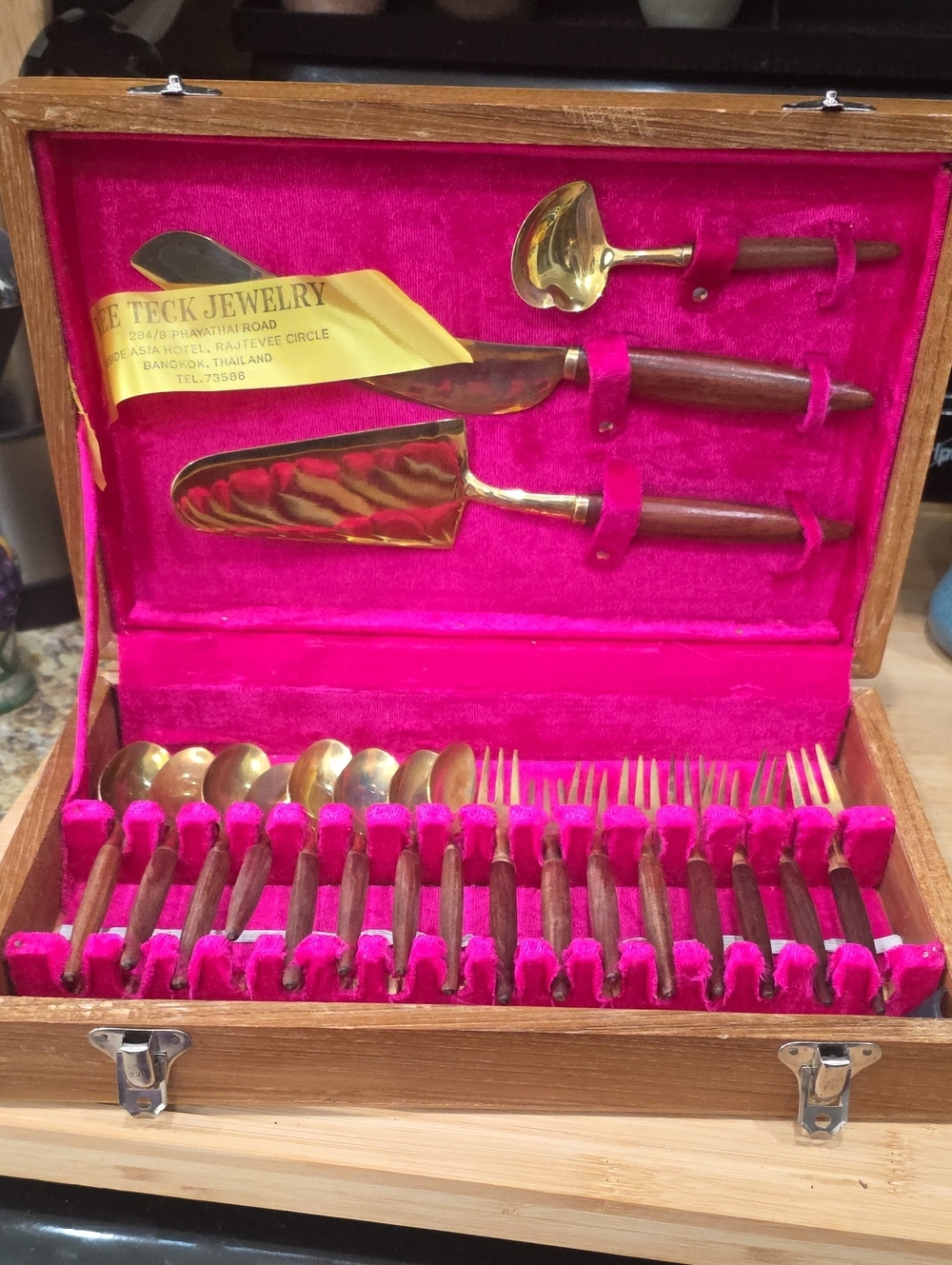 Teck Jewelry Gold-Tone Flatware Set with Pink Velvet Case and Wooden Handles